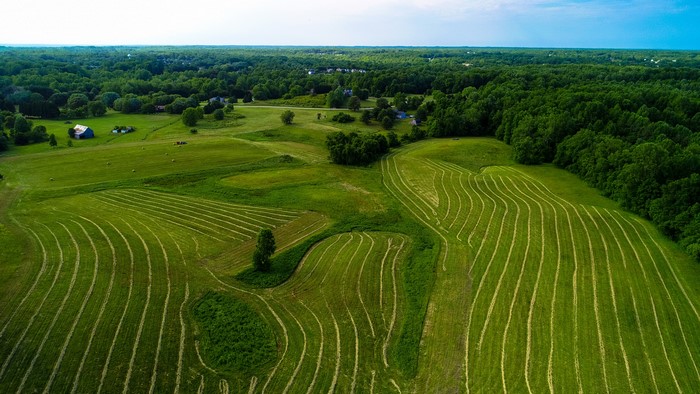 Aerial view of farmland and forests in Maryland, USA
