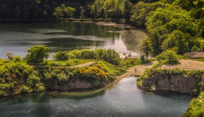 Lake with rocky shores and lush green trees