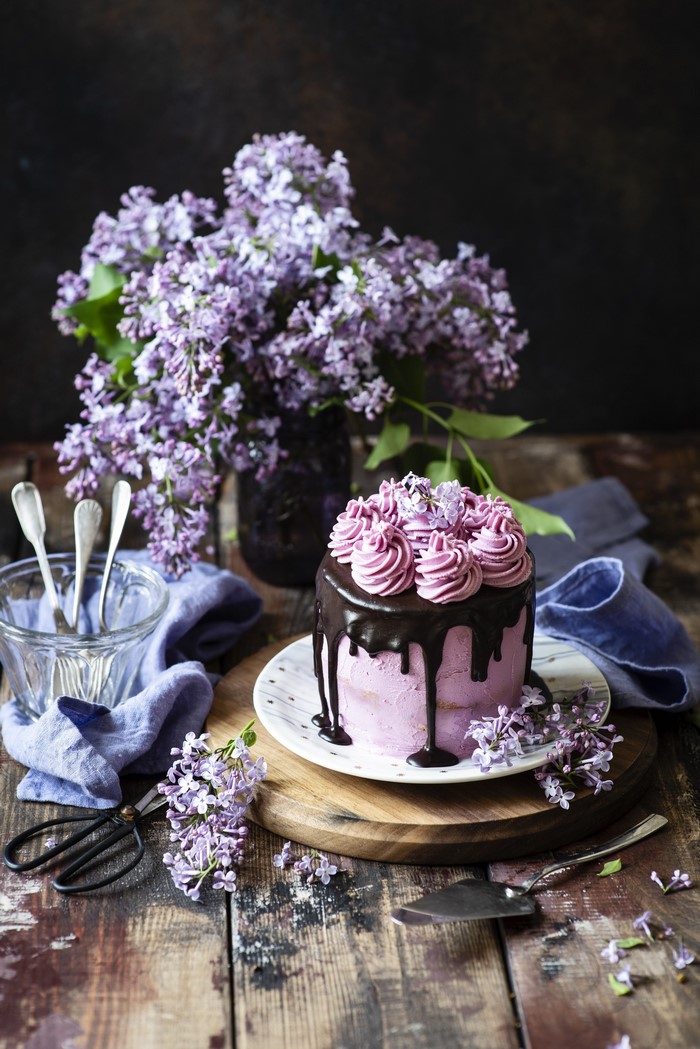 Chocolate Drip Cake with Lilacs and Silverware
