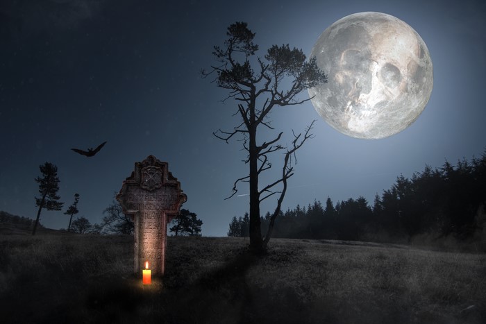 Gothic Fantasy Cemetery at Night with Moon and Bat