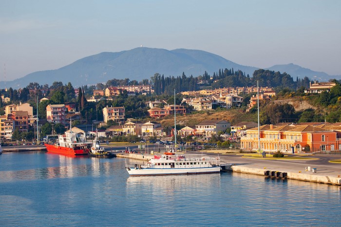 Corfu, Greece Harbor with Ships and Buildings