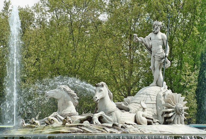 Neptune Fountain with Horses in Madrid, Spain