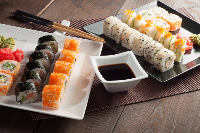 Sushi with Soy Sauce and Chopsticks
