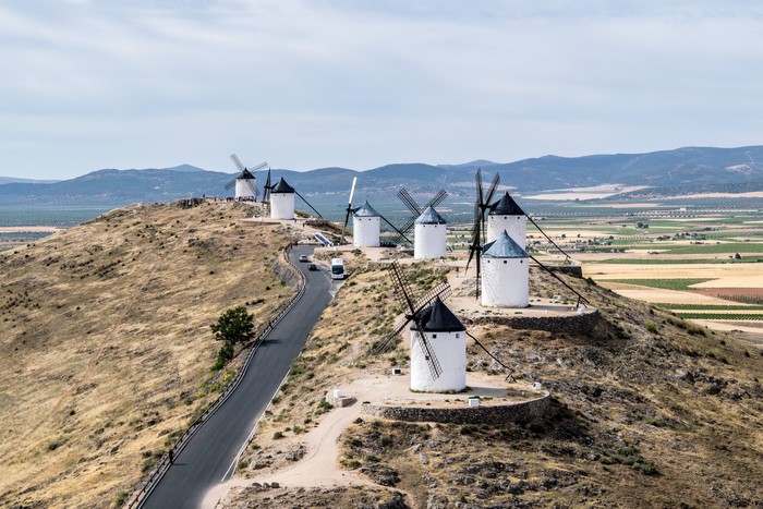 Consuegra windmills on a hill in Toledo, Spain
