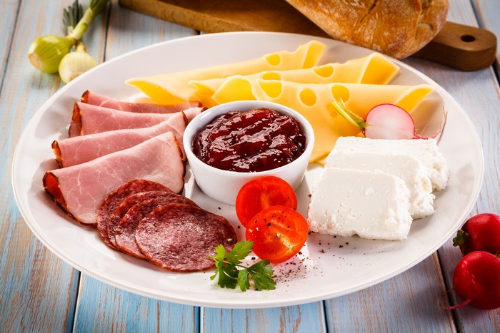 Breakfast plate with ham, sausage, cheese, and jam
