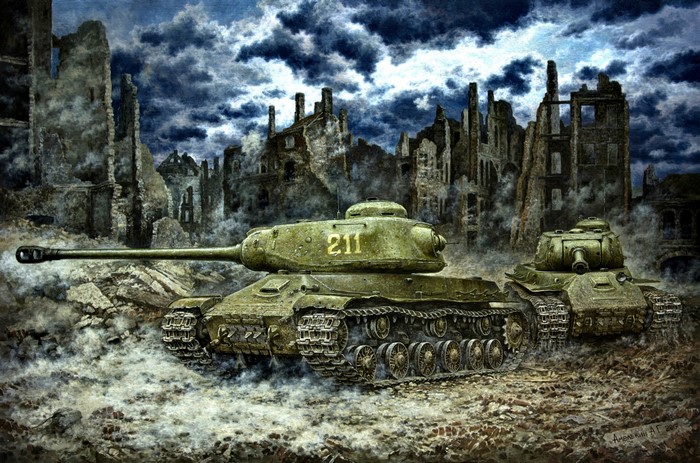 Painting of IS-2 Tanks in Ruined City