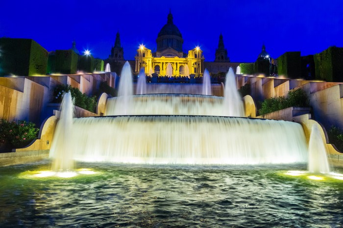 Cascading Fountains in front of National Palace at Night