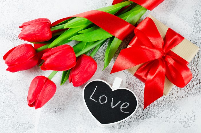 Red Tulips with Gift and Love Heart