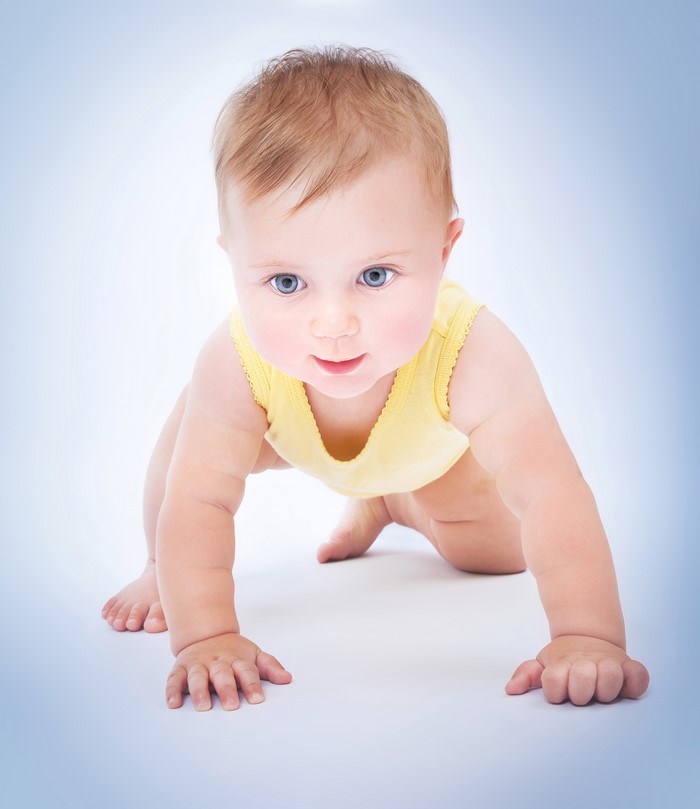 Baby crawling on colored background
