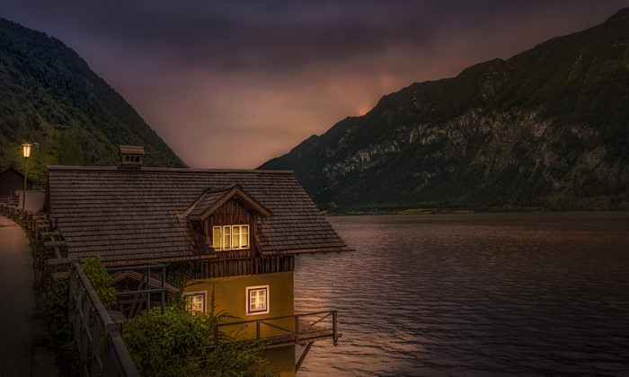 4K Austria Lake Mountains Houses Evening