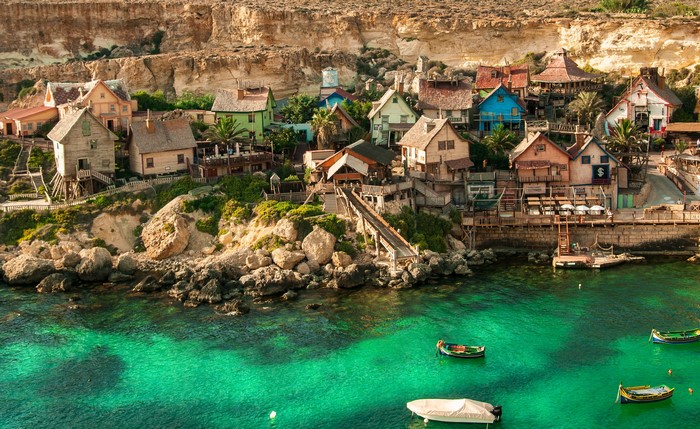 Popeye Village in Malta with Boats in Turquoise Water