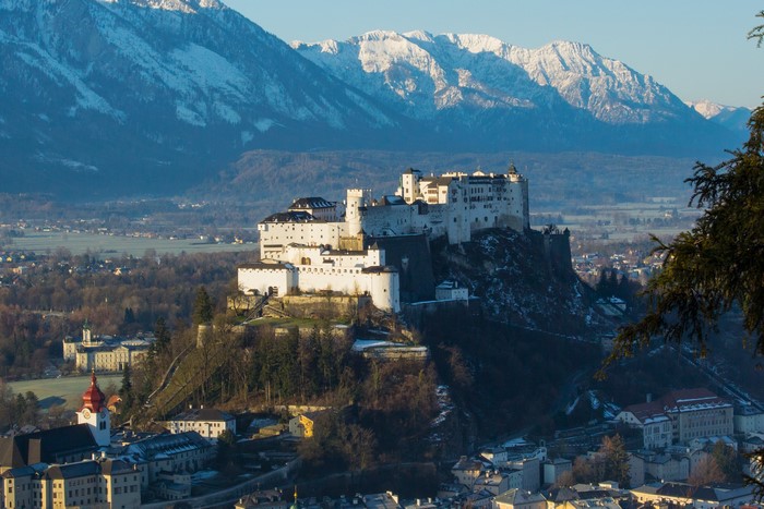 Salzburg Fortress and Snow-Capped Mountains in Austria