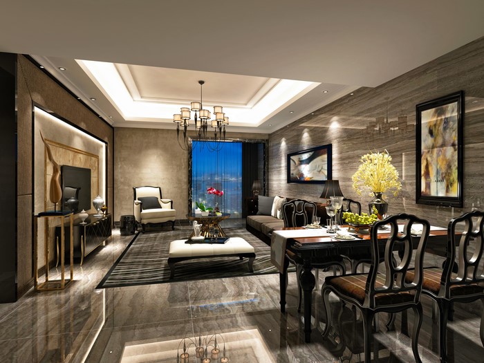 Modern Living and Dining Room with Chandelier