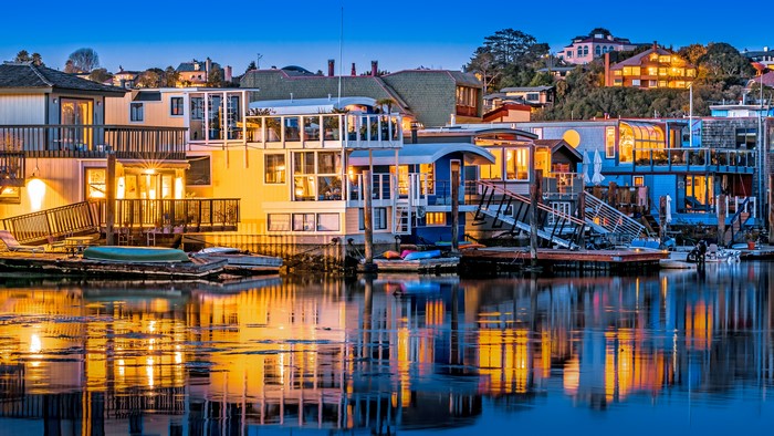 Floating Houses on Water at Dusk in Sausalito, California
