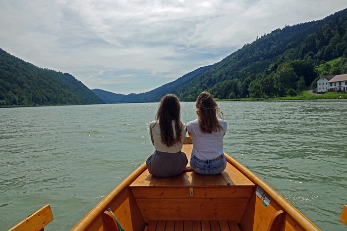 Two girls in a boat on the Danube River
