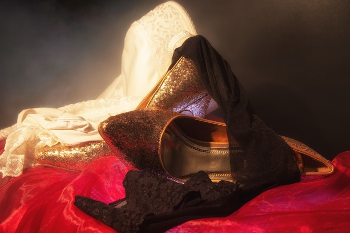 Gold Stilettos with White Lace and Black Stockings