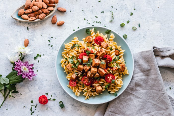 Pasta with Tofu, Tomatoes, and Almonds