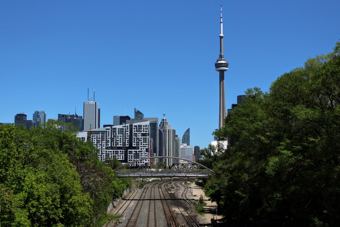 Toronto Skyline with CN Tower and Train Tracks