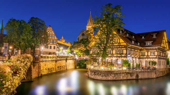 Esslingen, Germany Canal at Night with Half-Timbered Houses