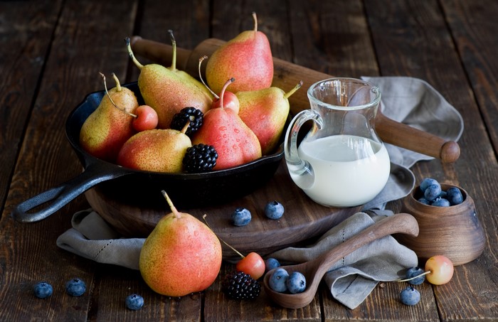 Pears, Blueberries, Blackberry, Milk, Jug, Frying Pan