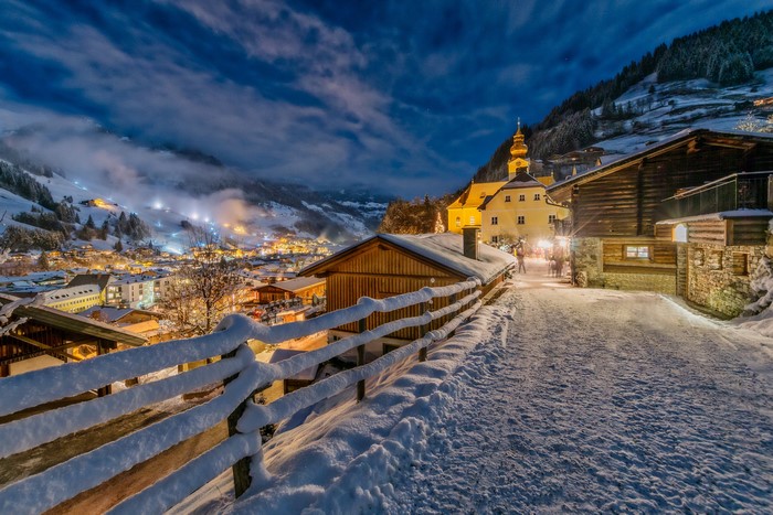 Winter Village at Night in Grossarl, Austria