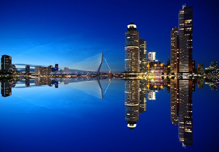 Rotterdam skyline with Erasmus Bridge at night