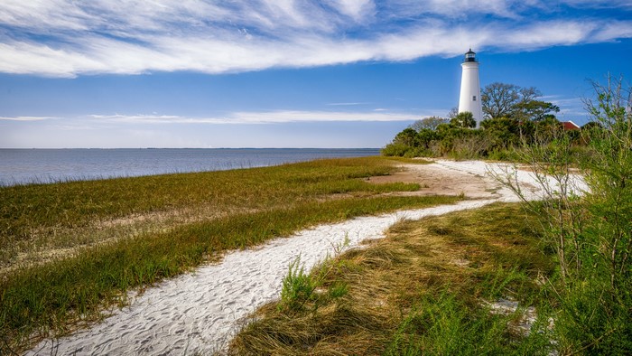 White lighthouse on a grassy coast in Florida, USA