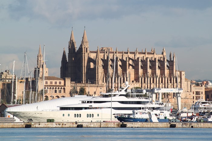 Cathedral of Palma and Yacht in Mallorca, Spain