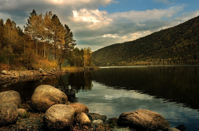 Autumn Lake with Mountains and Forests