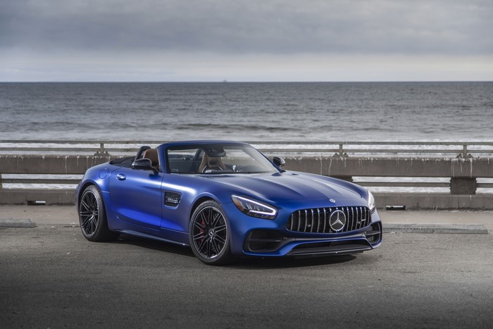 Blue 2020 Mercedes-Benz GT C Roadster by the Ocean