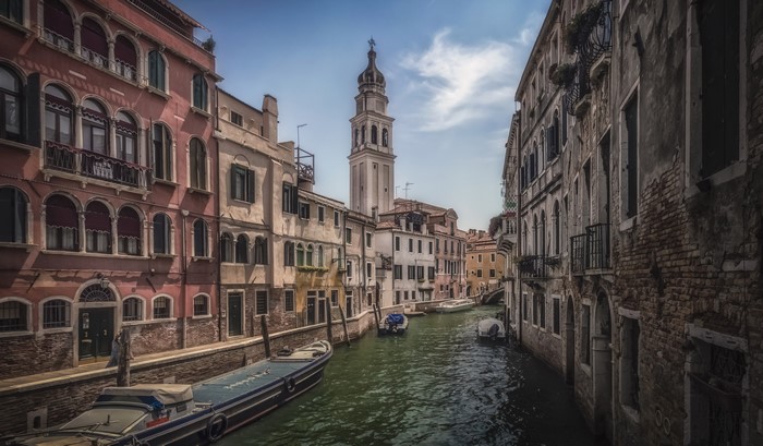 Venice Canal with Bell Tower and Boats