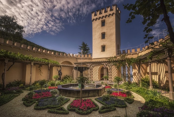 Stolzenfels Castle courtyard with fountain and garden