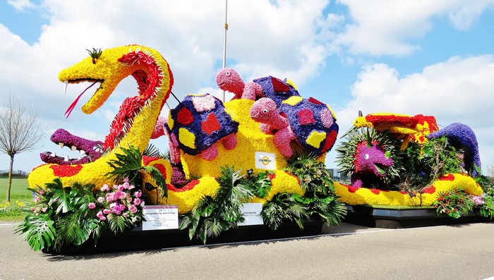 Flower float with snake and turtles in Lisse, Netherlands