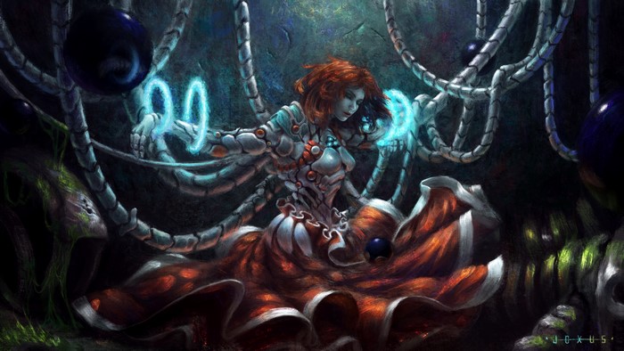 Redhead cyborg girl with mechanical arms and dress