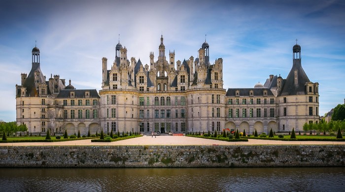Château de Chambord castle on a canal in France