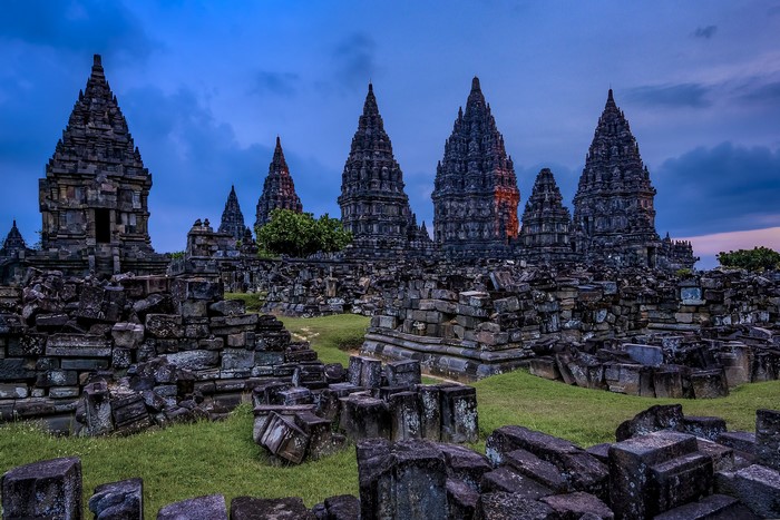 Prambanan Temple complex in Indonesia at dusk