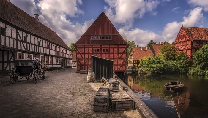 Horse-drawn carriage in historic Aarhus, Denmark