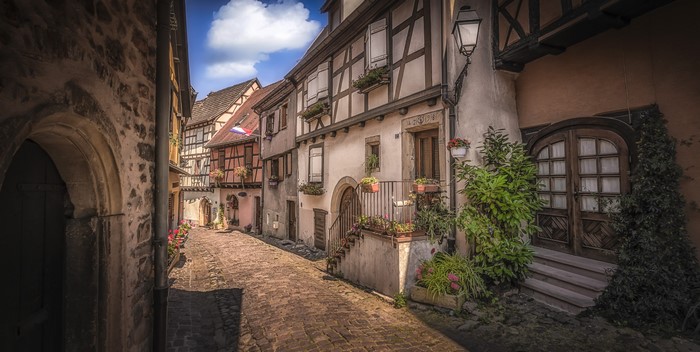 Eguisheim France Street with Half-Timbered Houses