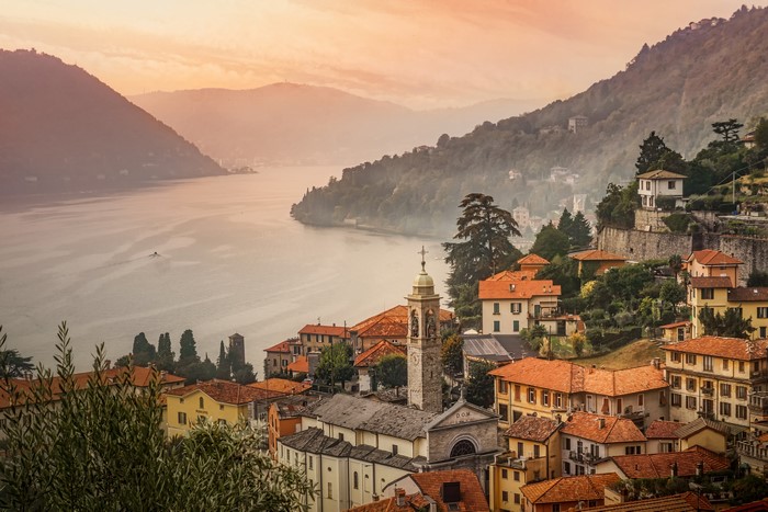Moltrasio village on Como Lake, Italy at sunset