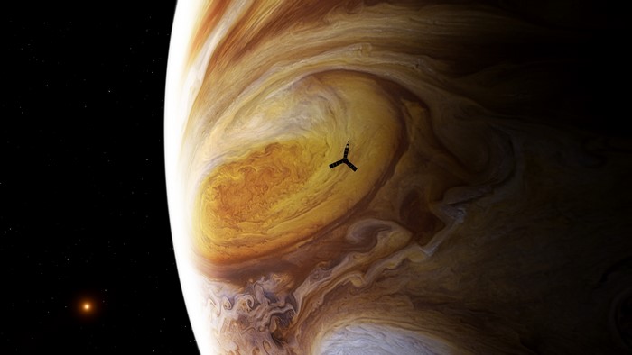 Jupiter with a spacecraft and a distant star