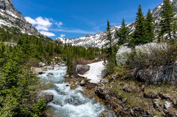 River flowing through mountains in Grand Teton National Park, Wyoming