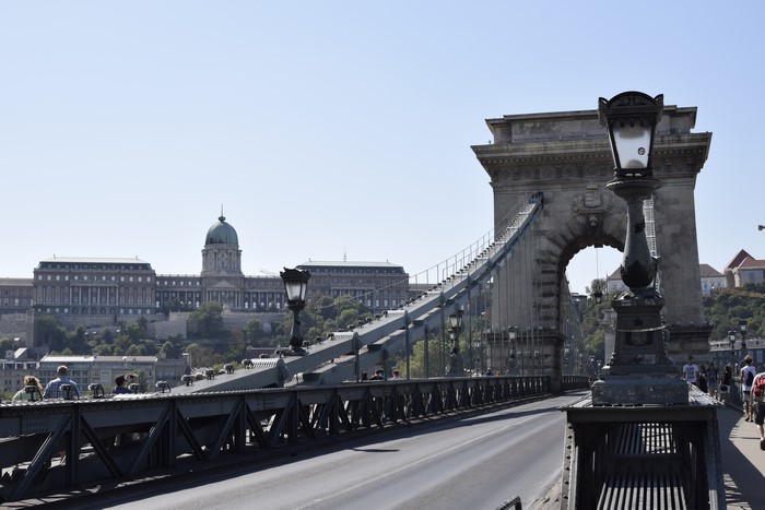 Chain bridge in Budapest, Hungary with castle