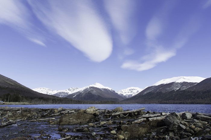 Lake Escondido with snow-capped mountains in Tierra del Fuego, Argentina