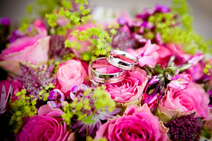 Wedding rings on a bouquet of pink roses