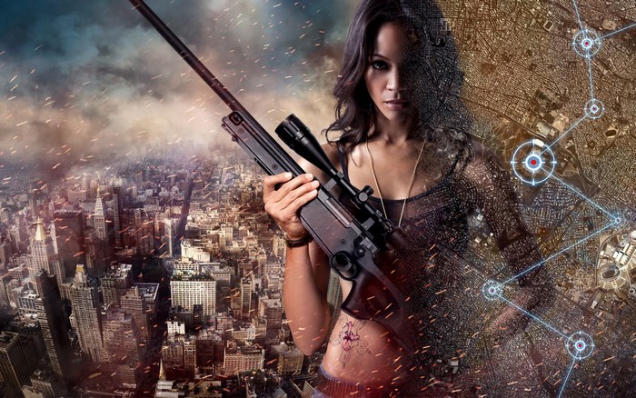 Cataleya Restrepo from Colombiana with a sniper rifle