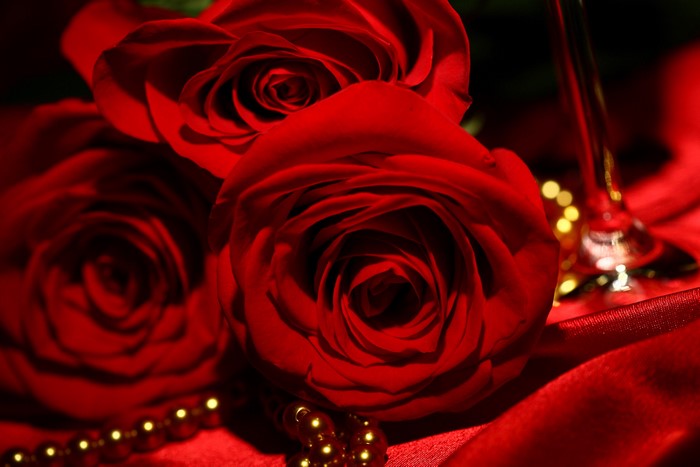 Three red roses with pearls and a wine glass