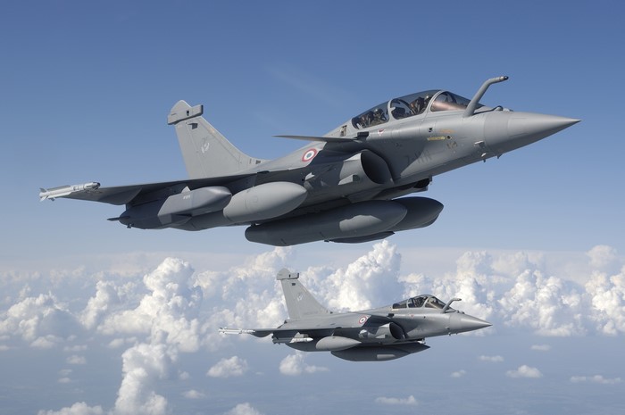 Two French Dassault Rafale fighter jets in flight