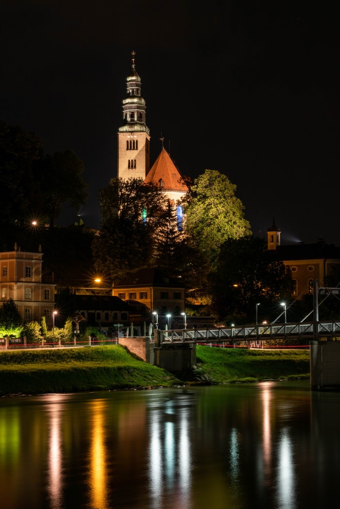 Maria Himmelfahrt Church and River at Night in Salzburg