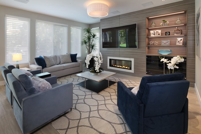 Living room with sofas, armchair, and fireplace