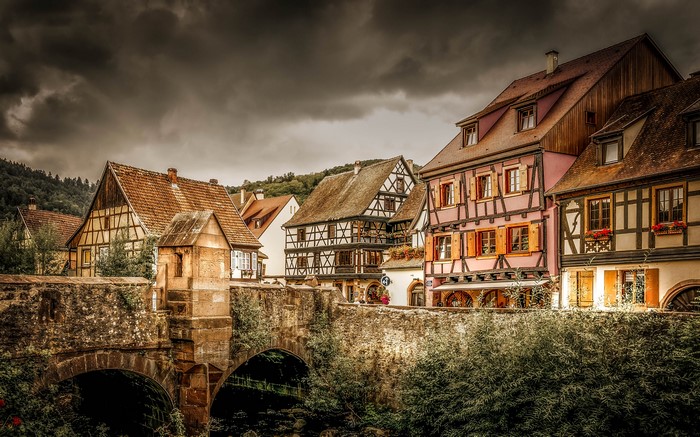 Half-timbered houses and stone bridge in Kaysersberg, France